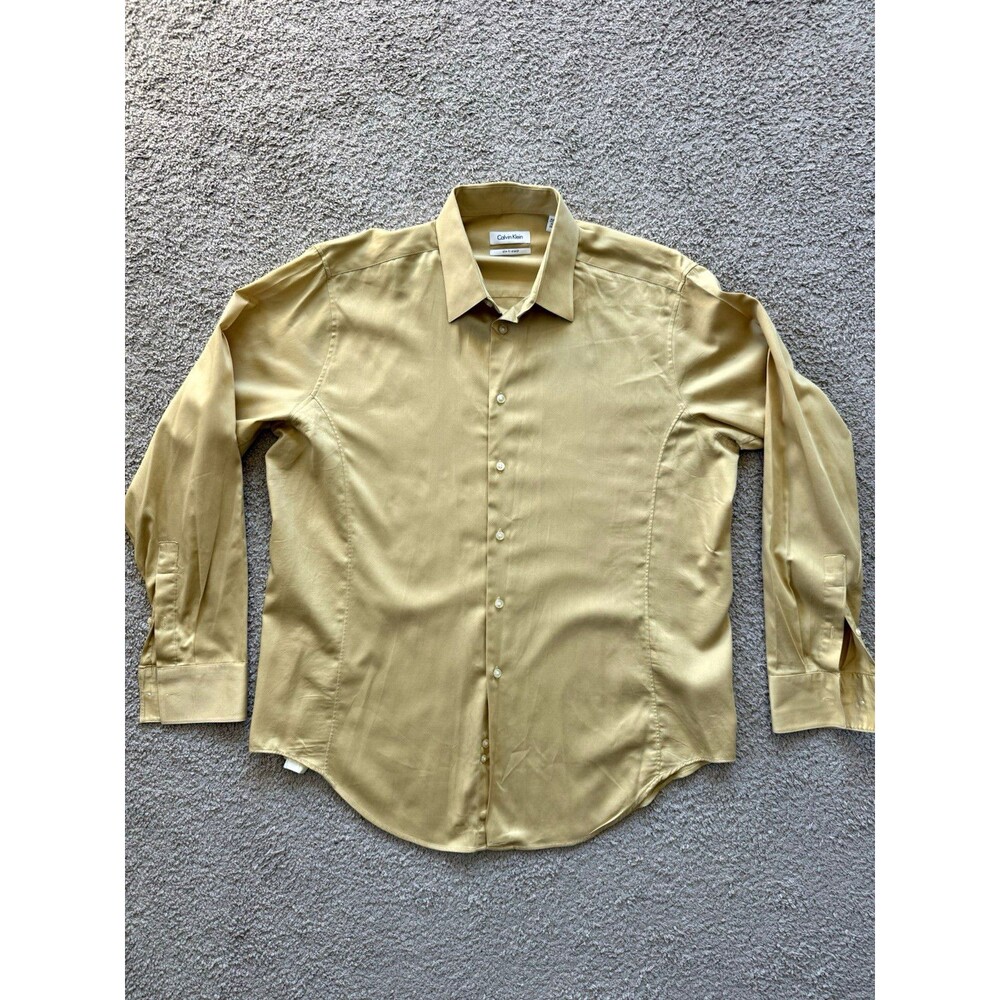 Calvin Klein Mens Slim Fit Stretch Cotton Solid Beige Dress Shirt 16.5 34/35